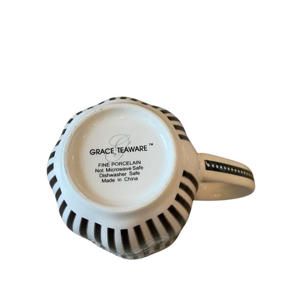 Grace Teaware Porcelain Coffee Mug Set of 2 Black & White Stripe Gold Accent New - Picture 13 of 16